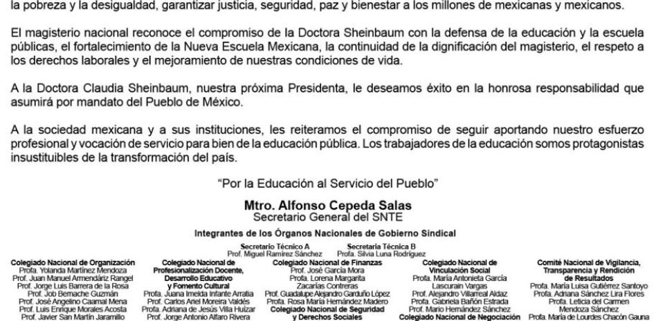  SNTE reconoce triunfo de Sheinbaum y su compromiso con educación y escuela públicas